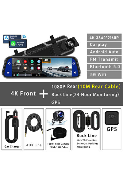 choice2 4K-10M 1080P-BL-GPS 10" Dash Cam 4K 3840*2160P Car Dvr Carplay Androi...