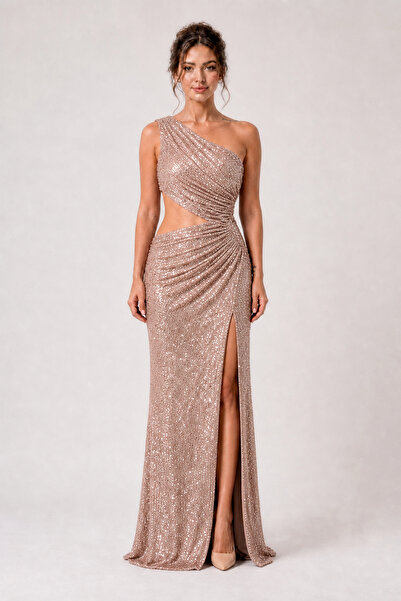 Moon Of Dress Bej Tek Omuz Cut-Out Payetli Balık Uzun Abiye Elbise