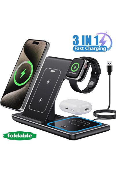 choice2 Black LED Fast Wireless Charger Stand 3 in 1 Foldable Charging Statio...