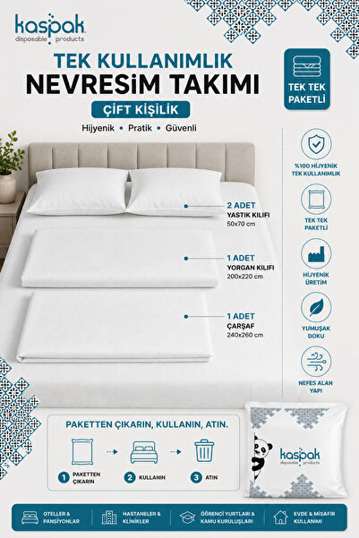 Kaspak disposable products TEK KULLANIMLIK ÇİFT KİŞİLİK NEVRESİM TAKIMI 1 ADET