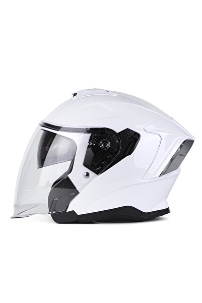 Caspiano Çenesiz Yarım Kask Çenesiz Csp 097 Pearl White Şeffaf Vizörlü Motosi...