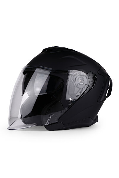Caspiano Çenesiz Yarım Kask Çenesiz Csp 097 Matt Black Şeffaf Vizörlü Motosik...