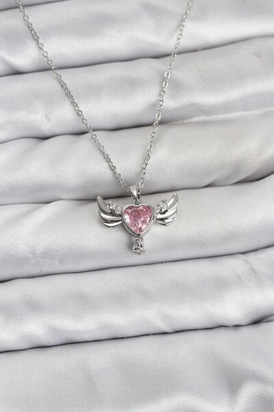 Inure Jewelry 316L Steel Chain Silver Color Winged Heart Model Zircon Stone W...