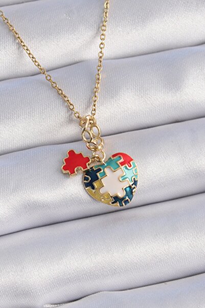 Inure Jewelry 316L Steel Gold Color Puzzle Motif Heart Figure Charm Model Wom...