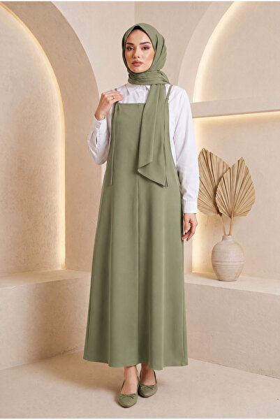 USLULAR Khaki Rope Strap Dabıl Fabric Gilet Dress Oversize Hijab Dress with A...