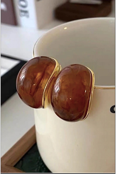 Vitastyle Gold Color Brown Natural Stone Detail Earrings