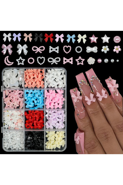 Choice 12gridresin 6/7/12 Grids 3D Nail Charms with Pearls Bows - Pink & Whit...