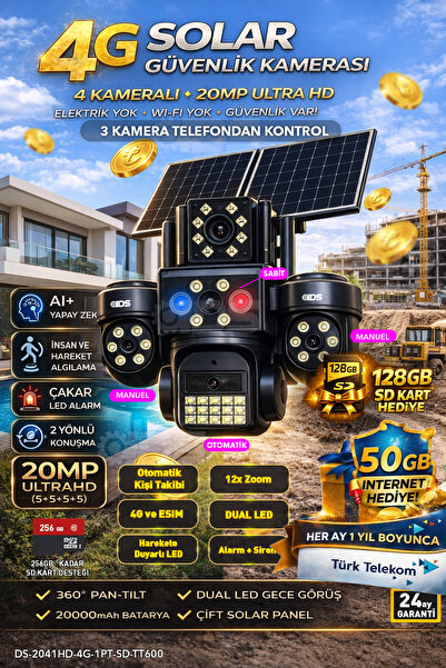 IDS 4 Lens 20MP 4G Güneş Enerjili Güvenlik Kamerası Sim Kartlı 128GB SD Kart ...