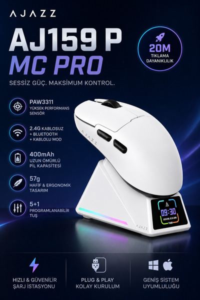 Ajazz Aj159 P MC Pro TFT Ekranlı Şarj İstasyonlu 24.000 DPI PAW 3311 Oyuncu M...