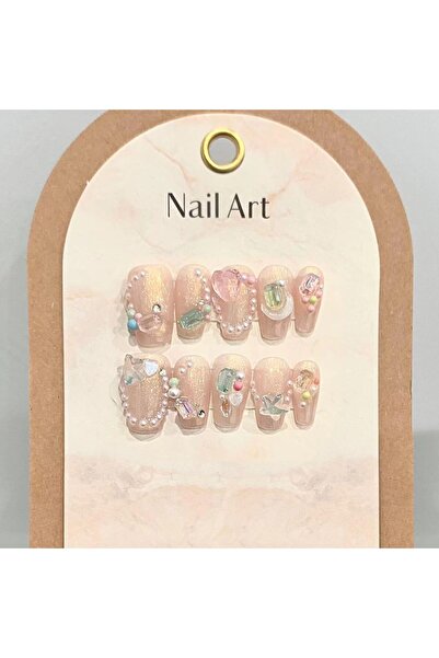 LoreaNails Işıltılı Sedefli İnci ve Renkli Kristal Oval El Yapımı Takma Tırnak M