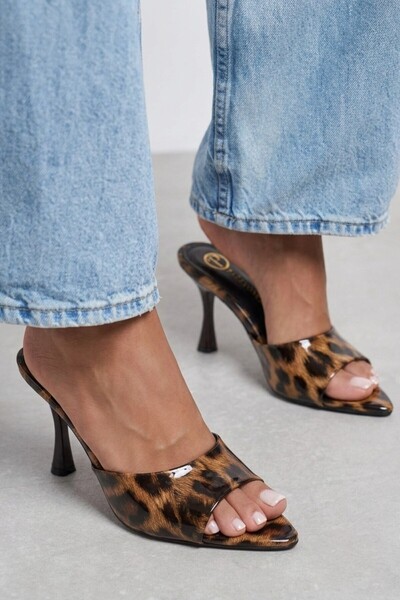 Pazzyonez Leopard Patent Leather Open Toe Women's Thin Heeled Slippers