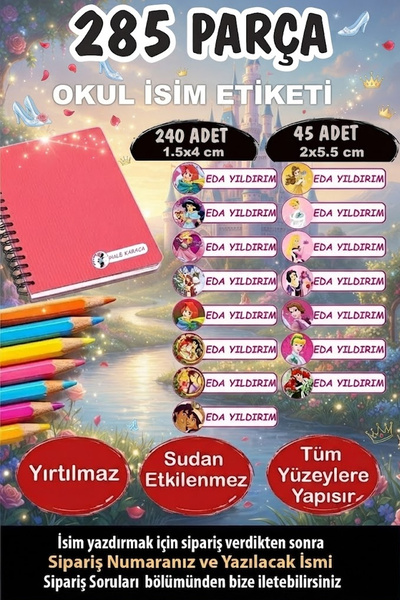 Kt Grup Okul Etiketi Kalem Defter Etiketi Özel Isimli Prensesler 15 Figür 285...