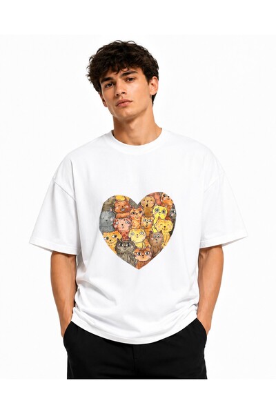 Inscriptie Unisex Βαμβακερό T-Shirt Υψηλής Ποιότητας  "Καρδιά Γάτας "