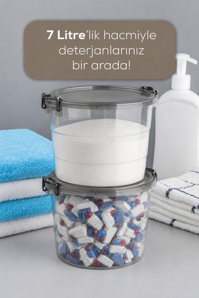 Vienev Mega Boy 4lü Yuvarlak Kulplu Deterjanlık Saklama Kutusu Kabı - Un Bakliyat Kabı 7 Litre Antrasit