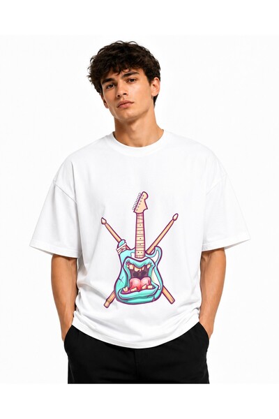 Inscriptie Ουνισέξ Βαμβακερό T-shirt Υψηλής Ποιότητας με Σχέδια Γκράφιτι Κιθάρας