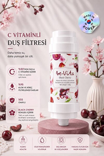 Be-Vita Black Cherry C Vitaminli Aromatik Duş Filtresi - Saç Dökülme Karşıtı, Cilt Besleyici Klor ve Kireç Arıtıcı Duş Filtresi (150gr)