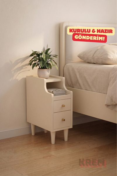 ESSEN DESİGN Mini Ahşap Komodin, 2 Çekmeceli Kayar Raflı Şarj Üniteli Modern ...