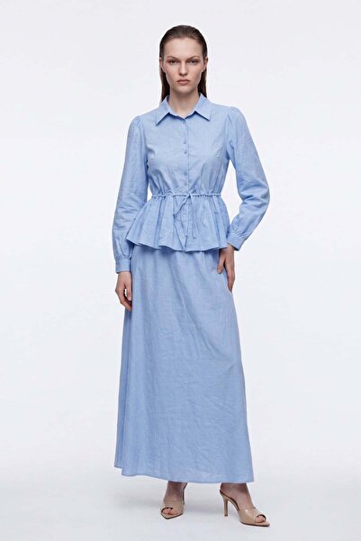 HAKKE Shirt Collar Waist-Tied Peplum Long Skirt Set