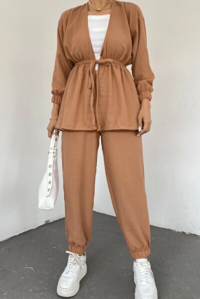 Modamorfo Elastic Double Linen Suit with Tie Waist