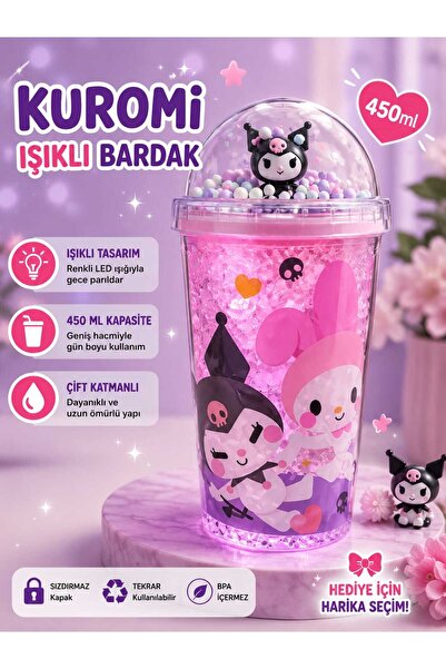 PeriMila Kuromi Figürlü Işıklı Pipetli Bardak Çift Cidarlı 450ml