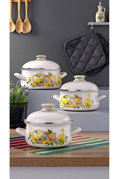 Bonera Emaye 6 Parça Krem Set Emaye Kapaklı İndüksiyon Ocak Uyumlu - Limon De...