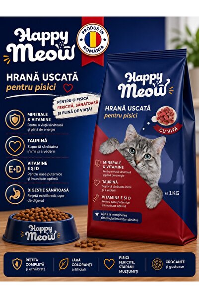 HAPPY MEOW Hrana uscata pisici Happy Meow cu vita 1 kg