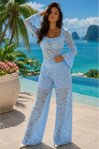 GLAMSI Set din dantela cu bluza si pantaloni evazati