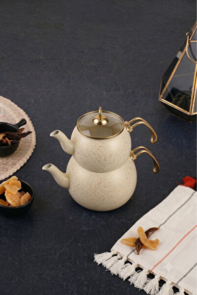Evren Cream Granite Globe Teapot Set Medium Size (1+2 Lt)