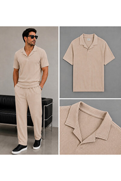 WENMİNG Men's Corded Fabric Ottoman Fabric Polo Collar T-Shirt Pants Bottom T...