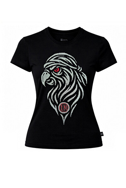 STRTO-Sovereign,Taşlı T-shirt , %100 Pamuk,Kadın,Slim, Siyah ,Bisiklet Yaka,Rhinestone Tasarım
