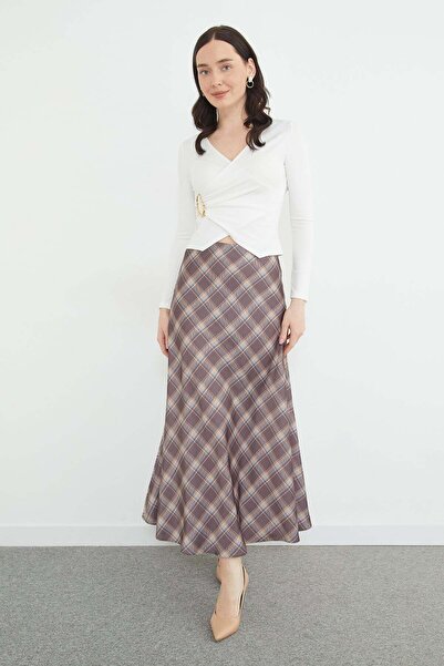 Fulla Moda Fusta maxi din satin cu model în carouri