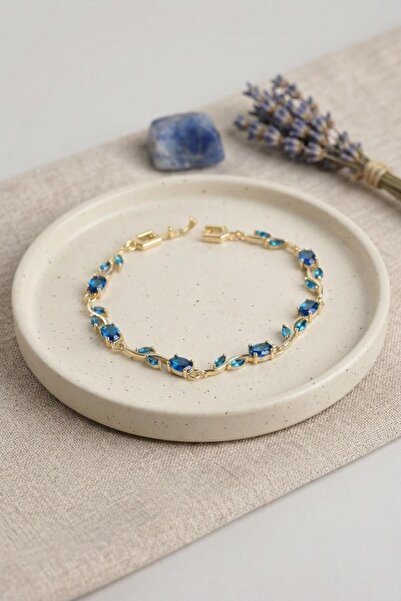 serelya Brass Gold Color Blue Zircon Stone Flower Model Women's Bracelet