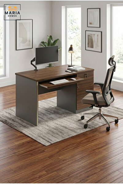 MARIA HOMES Sleek Dark Wood Office Desk with Storage Drawer – Compact Executi...