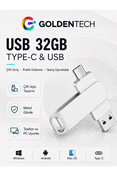 Golden Tech 2 In 1 Çift Taraflı 32GB Type-c Usb 2.0 Metal Usb Bellek