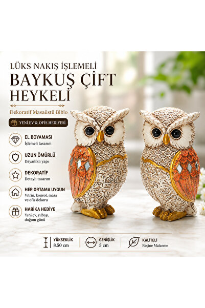 e-life shop Nakış İşlemeli Baykuş Çift Heykeli Dekoratif Biblo Ev Ofis Konsol...