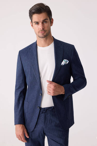 Ysf Erkek Mavi Slim Fit Çizgili Torba Cep Jogger Pantolonlu Sivri Yaka Takım ...