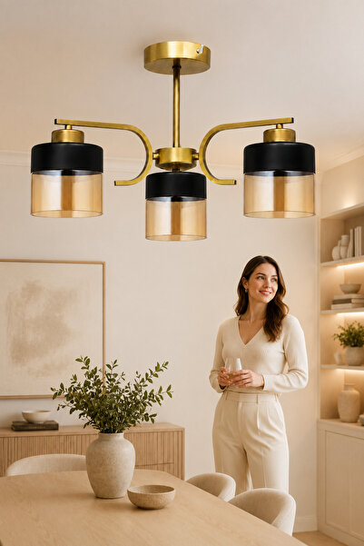 ESSLİGHT Verona 3’lü Eskitme Bal Camlı Modern Salon Mutfak Yatak Odası Avizesi
