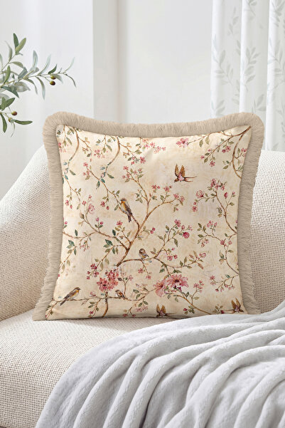 Realhomes Beige Floor Fringed Throw Pillow Cover with Bird Figures and Floral...