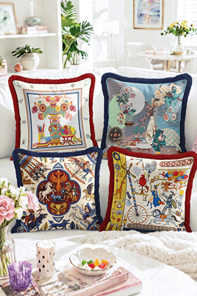 Realhomes Colorful Tile-Inspired Vase, Floral and Figure Patterned 4-Piece Fr...