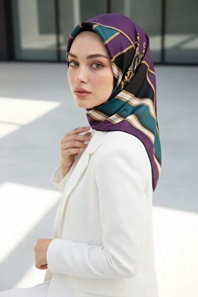 Vissona %100 Twill İpek Baroklu Ve Geometrik Desenli Mürdüm - Petrol Yeşili R...