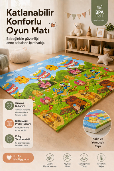 Babylike Katlanabilir Bebek Oyun Matı 200x130 cm – Kalın, Yumuşak, Darbe Emic...