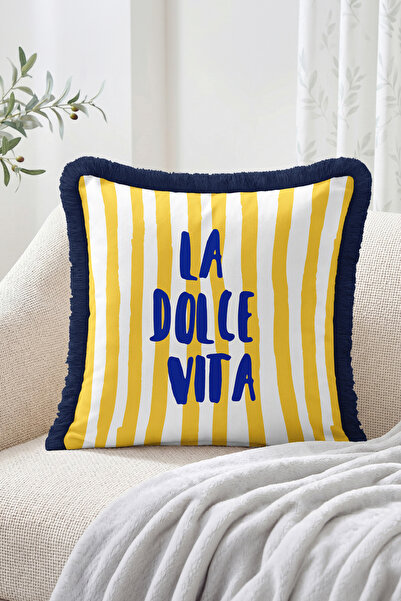 Realhomes La Dolce Vita Written Yellow and White Striped Retro Design Fringed...