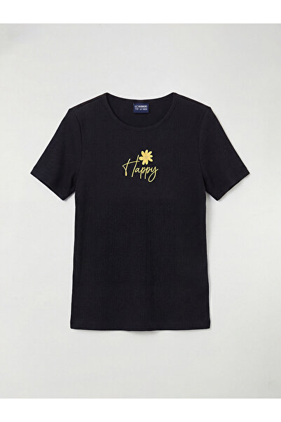 LC Waikiki Trendlucky Girls' T-Shirt with Oval Collar and Printed Design