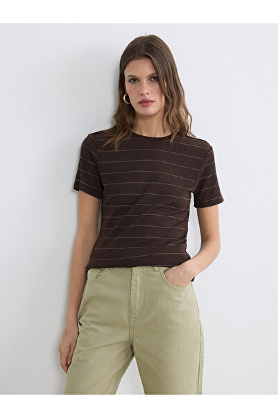 LC Waikiki Original Oval Collar Striped Women's Ribbed T-Shirt
