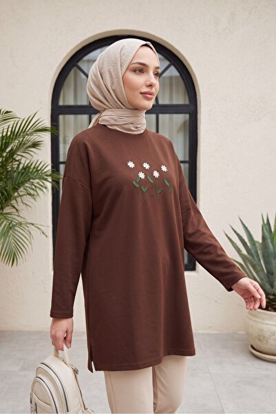 Modamorfo Daisy Embroidered Round Neck Combed Cotton Tunic -Brown