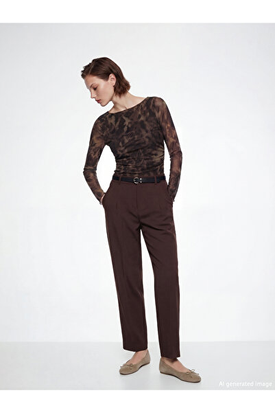 LC Waikiki Brown Women's Pleated Fabric Trousers with Belt at the Waist