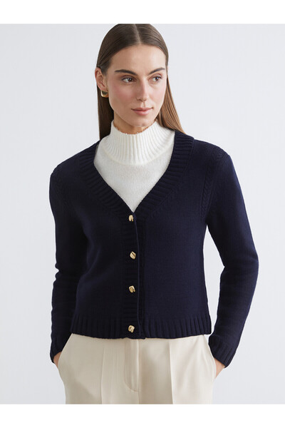 LC Waikiki Lcw Comfort Navy Blue Knitwear Patterned Cardigan with Nevavm Diff...