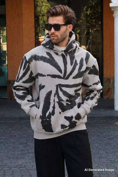 Madmext Painted Gray Hooded Pocket Detailed Printed Men's Sweatshirt 7087