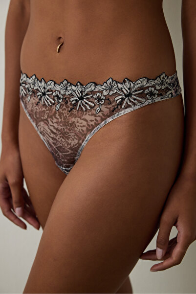 Penti Leopard Patterned Embroidered Detailed Mid-Waist Thong Panties