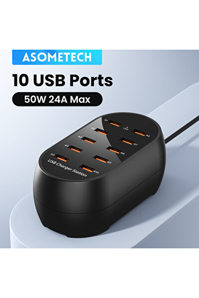 ASOMETECH شاحن USB ASOMETECH بمقبس الاتحاد الأوروبي 10 منافذ 100 فولت - 240 ف...